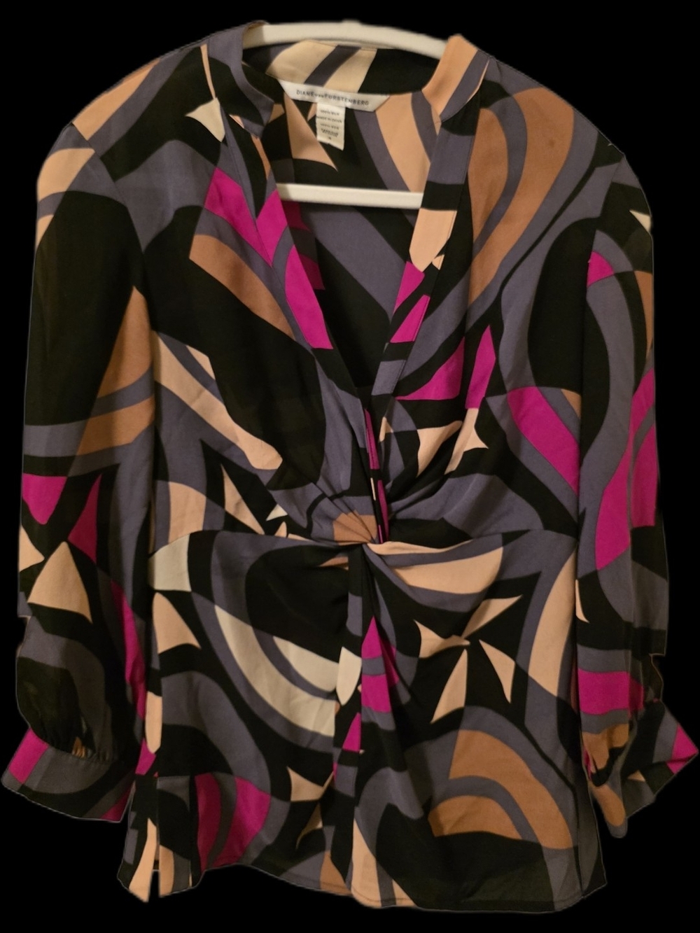 Diane Von Furstenberg Black, Pink, Tan & Fuscsia Twist-Front Blouse